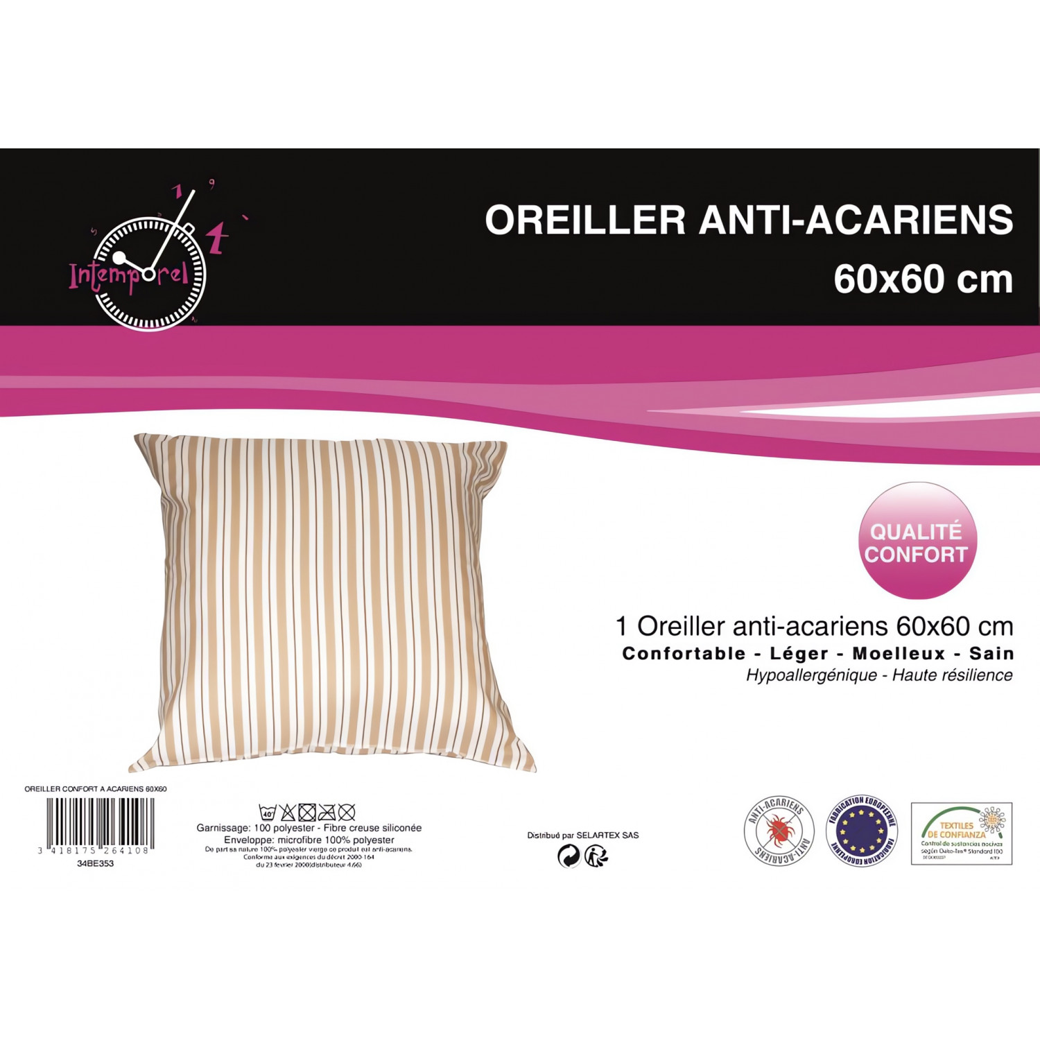 Oreiller confort anti-acarien 60x60 cm, par Intemporel