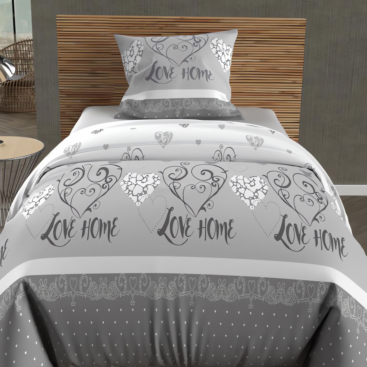 Parure housse de couette coton 57 fils 140x200 cm VALENTINE gris, par  Soleil d'Ocre