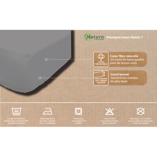 Drap housse en coton 140x190 cm PERCALE gris,...