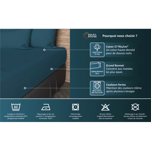Drap housse en coton 57 fils 140x190 cm UNI...